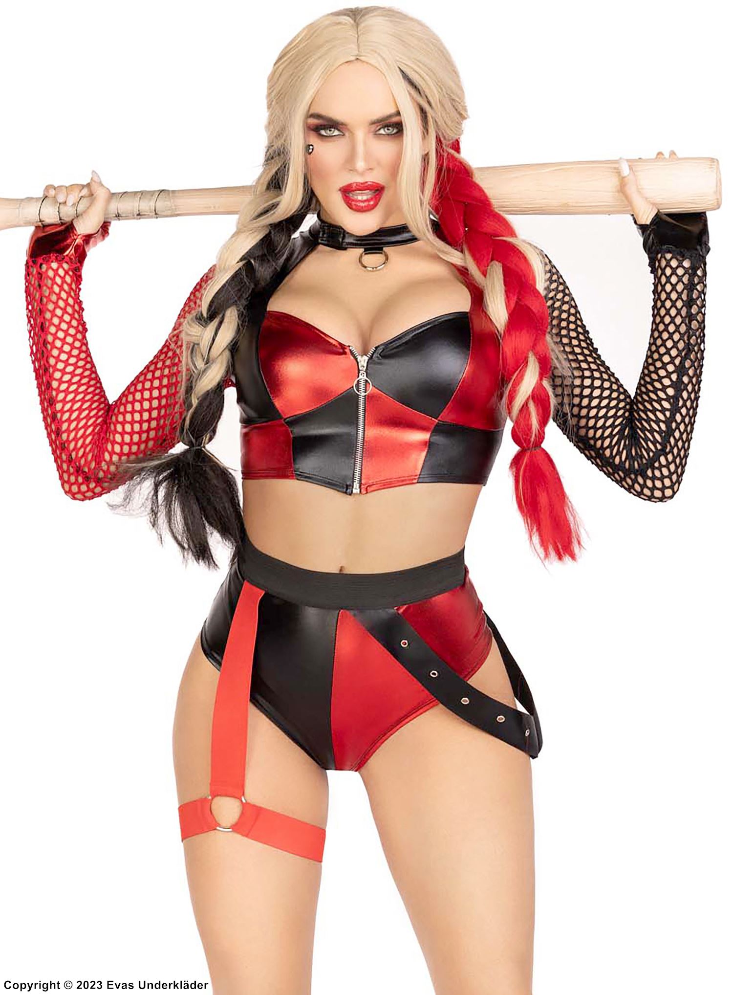 Harley Quinn, top and shorts costume, long sleeves, front zipper, net inlay